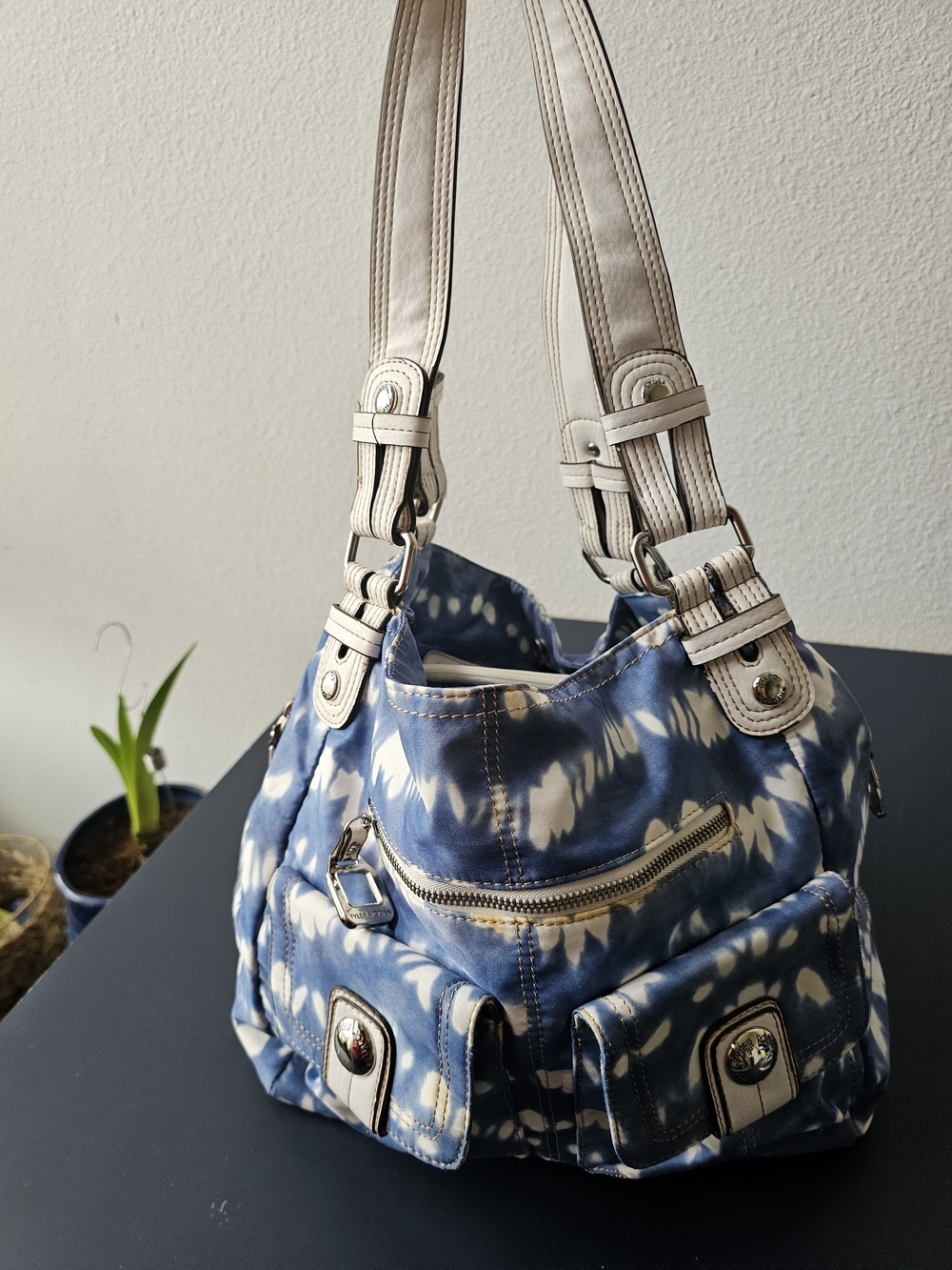 Tyler Rodan Blue & White Print Multi Pocket Shoulder Bag